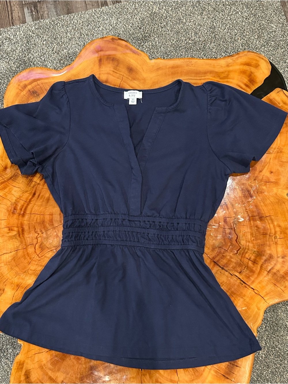 crown & ivy Navy Short Sleeve Smocked-Waist Peplum Top